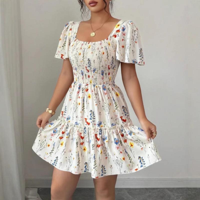 Summer New Elegant Ditsy Floral Mini Dress Square Neck Puff Short Sleeve Smocked High Waist Ruffle Tiered A-Line Casual Party Date Vacation Sundress