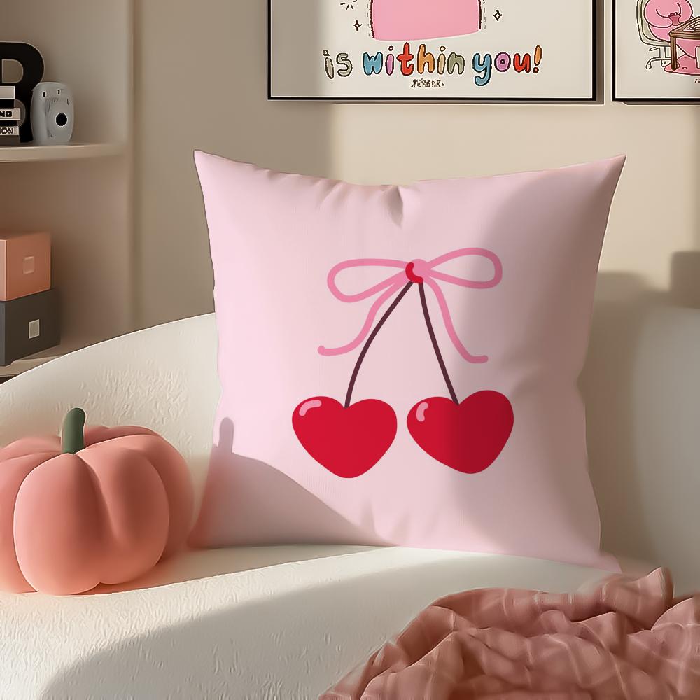 Sweet Girly Floral Art Pink Bow Cherry Pattern Cushion Cover Pillowcase Short Plush Invisible zipper Room Sofa Cushion Cover