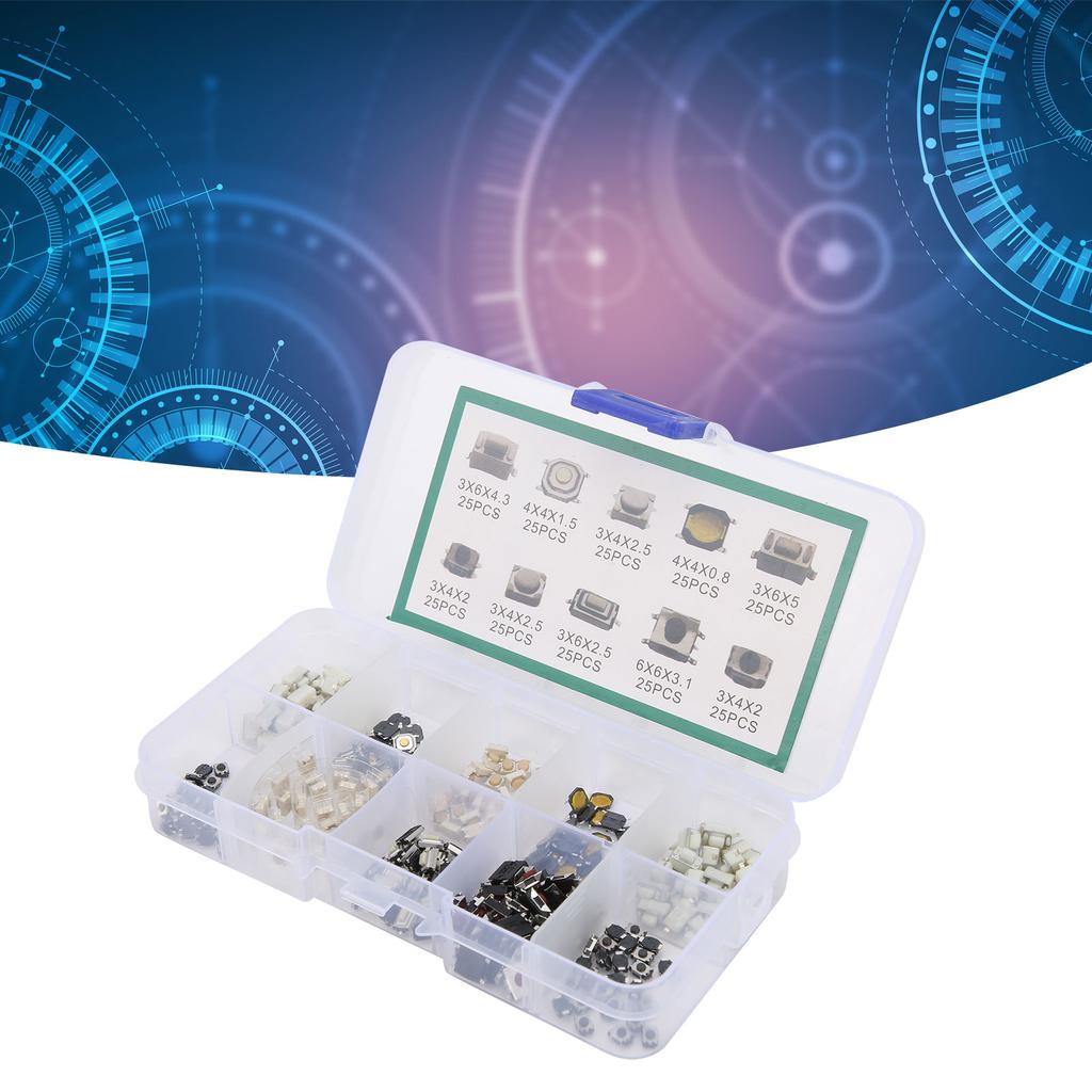 250Pcs Tactile Push Button Switch 10 Types Micro Switch Kit for DIY Electronic Products