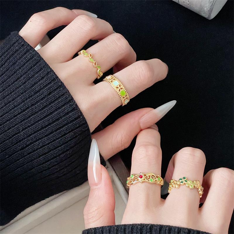 Retro Gold Enamel Open Ring Pattern Niche Design Inlaid Fashion Elegant Exquisite High Sense Ring Women