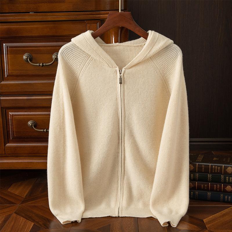 All-Wool Knitted Cardigan, Men'S Autumn/Winter Zip-Up Hooded Sweater, Loose Cashmere Simple Sweater