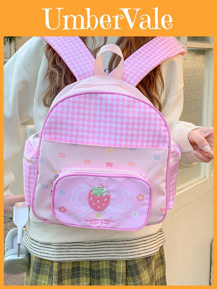 Niedlicher Mini-Rucksack aus Nylon mit rosa Erdbeeren, Schmetterlings- und Schleifenmotiv für den täglichen Gebrauch