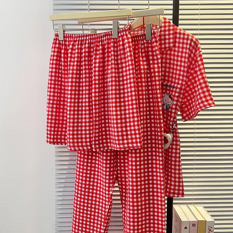 Women's Red Plaid Kitty Pajama Set - Short Sleeve & Shorts