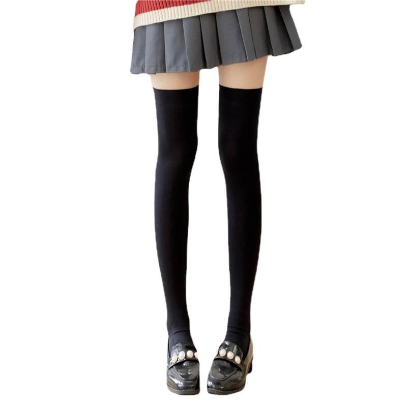 Velvet Thigh-High Socks - Black & White Silk, Sexy Slimming JK Style