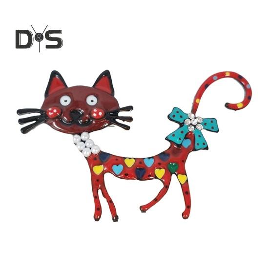 Adorable Cat Shape Brooch Colorful Enamel Faux Pearl Rhinestone Pin Suit Lapel Badge Casual Accessories