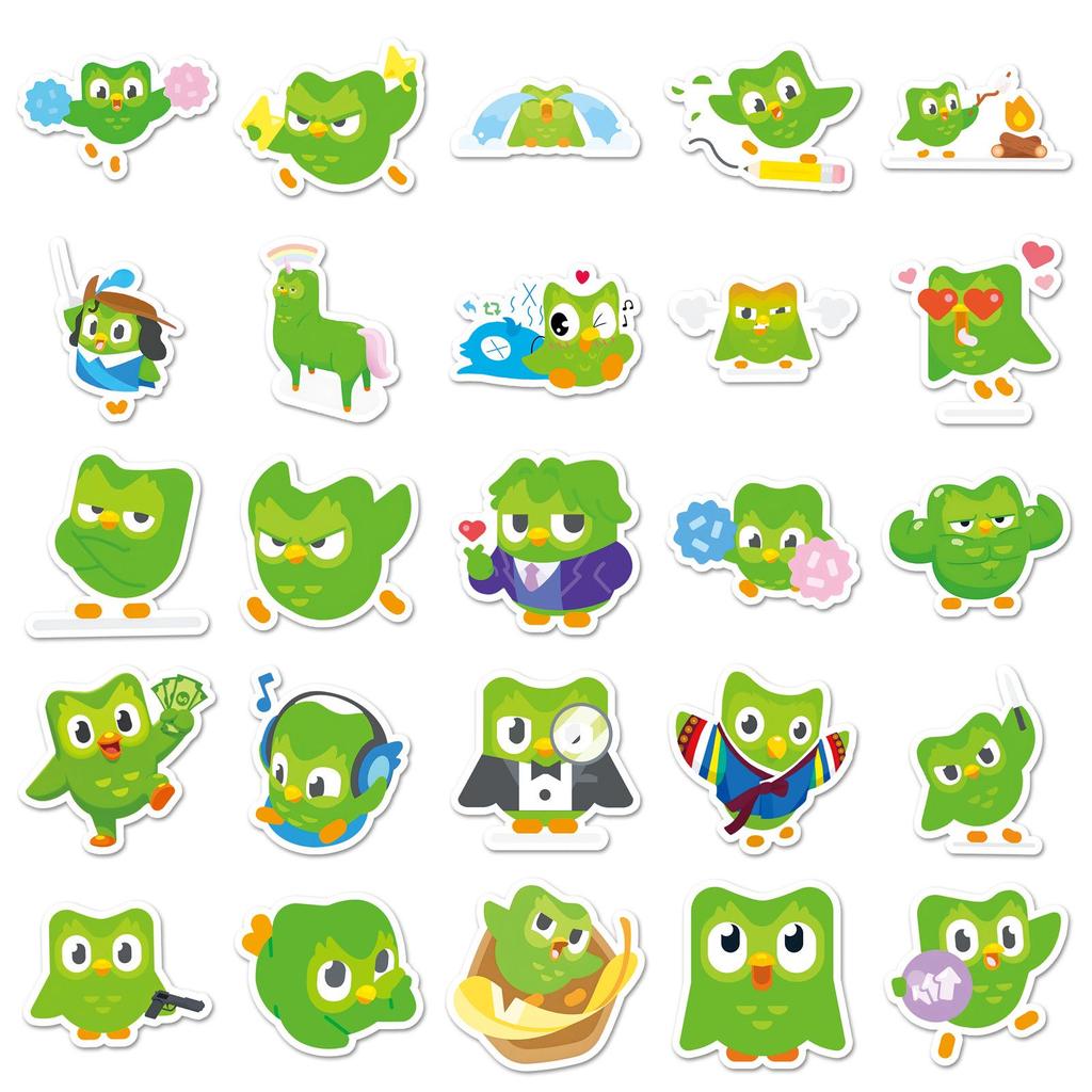 Duolingo Green Owl Cartoon Waterproof Stickers (50-Pack) - Perfect for Headphones, Notebooks, and Phone Cases