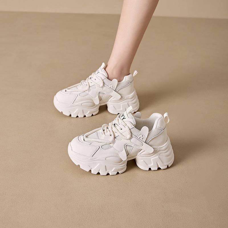 2025 New Leather Dad Shoes Women's Thick-soled Soft-soled Lightweight Double Mesh Breathable Little White Shoes Slim Sneakers