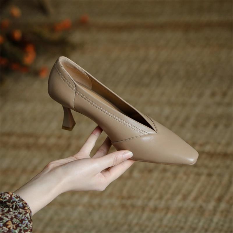 Fashion Spring Women Shoes Small Square Toe Thin Heel Women Pumps Retro Genuine Leather Shoes Women V-mouth High Heels Handmade Shoes