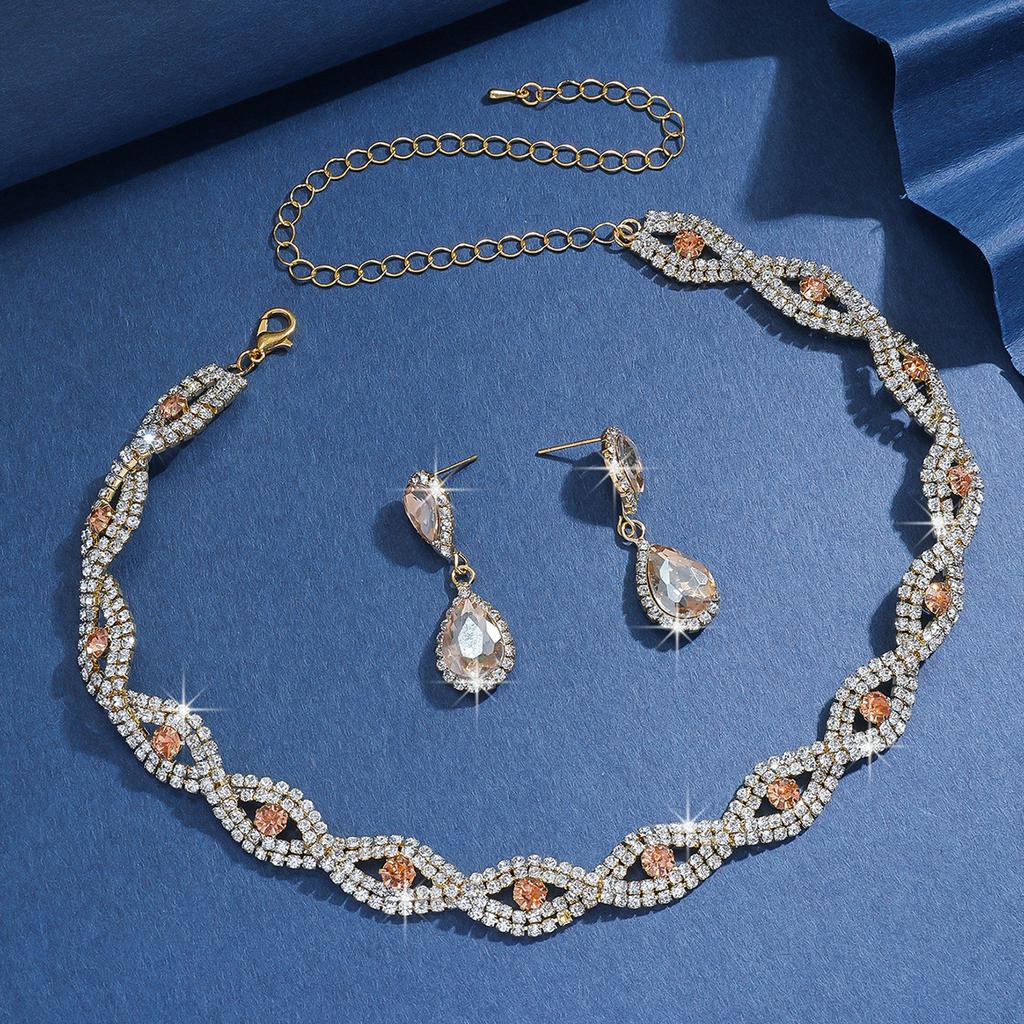 Collier tissé personnalisé avec strass, Ensemble boucles d'oreilles goutte d'eau, Diamants rouge, vert et noir, Bijoux de mariée brillants