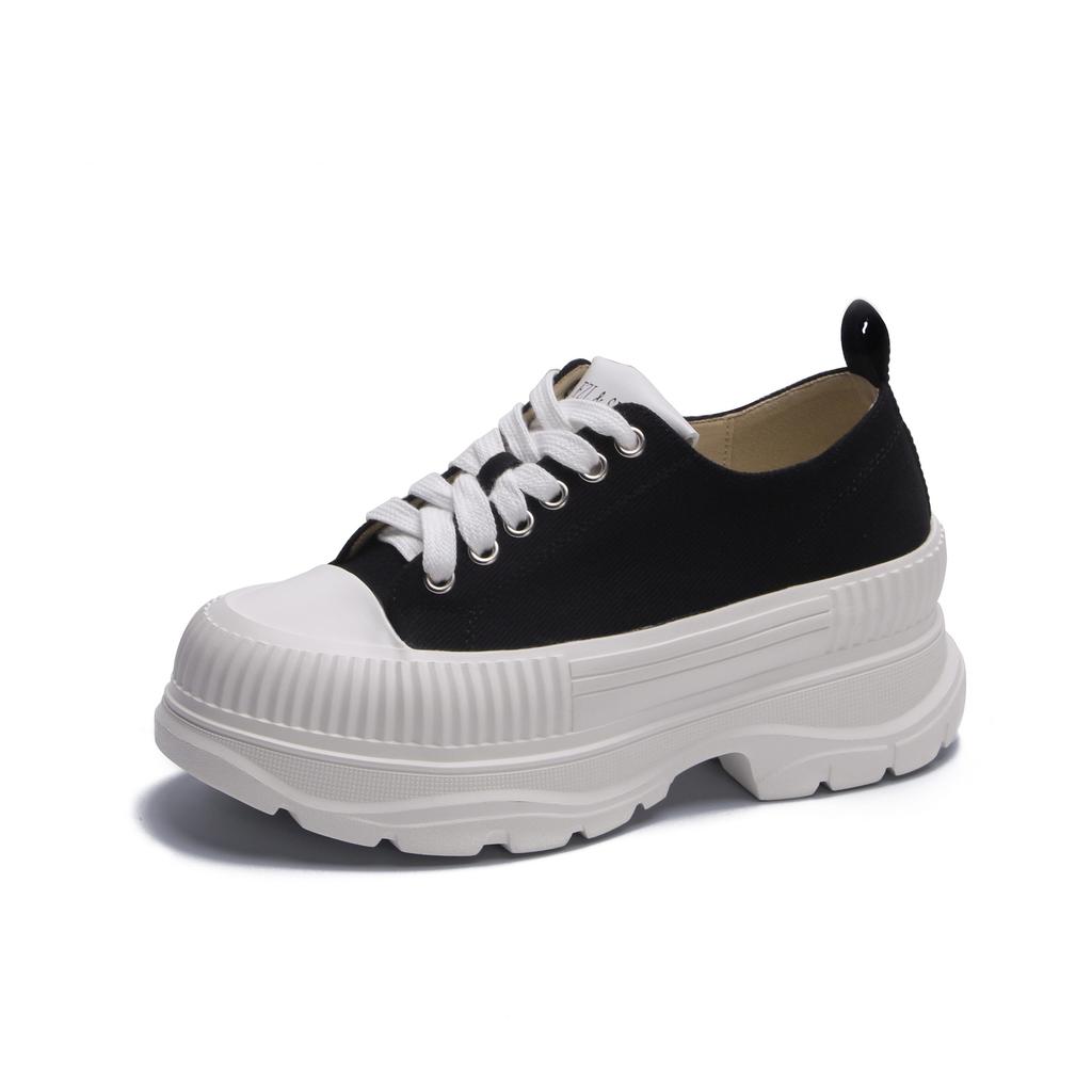 platform-soled muffin shoes women's small height increase versatile casual sports shoes women's school style French canvas lace-up women's shoes