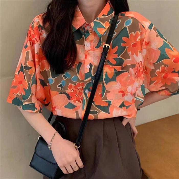 Loose Fit Printed Shirt Women‘s - Short Sleeve Summer Casual Blouse Top