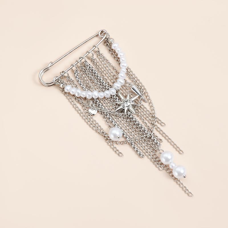 Hip Hop Trendy Imitation Pearl Tassel Chain Brooches For Men Women Waist-Shaping Fixed Pin Accessory Multi-Functional Jewelry