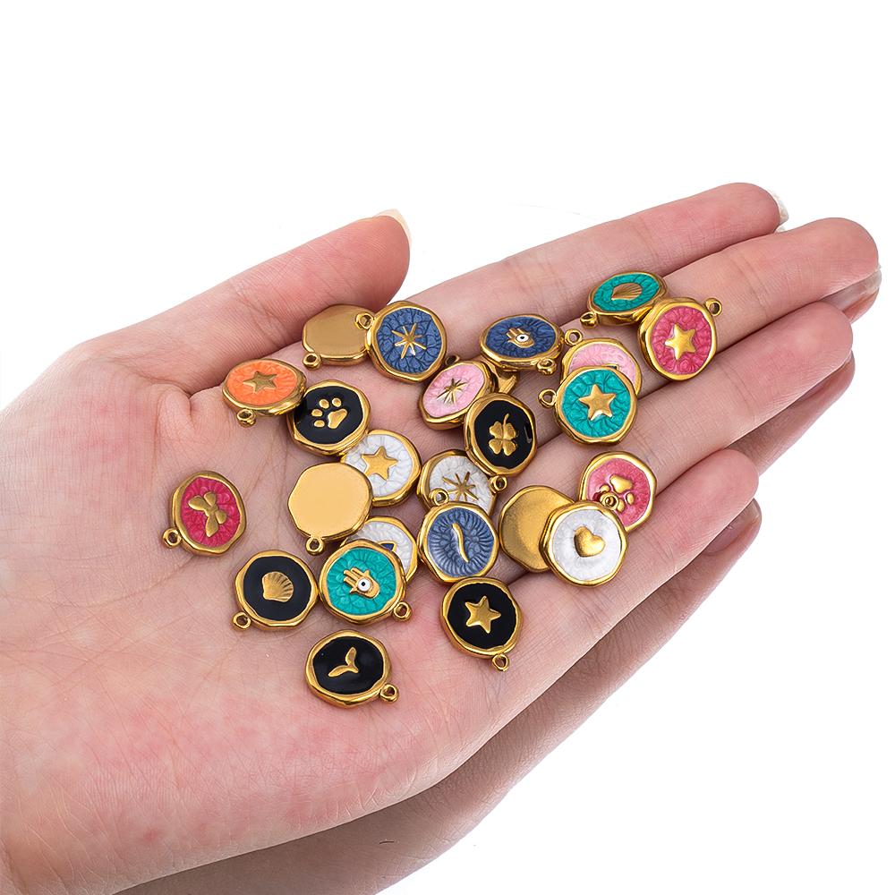5 Pcs/Lot French Retro Style Enameled Round Stainless Steel Multi Pattern Pendant For DIY Necklace Jewelry Accessories Wholesale