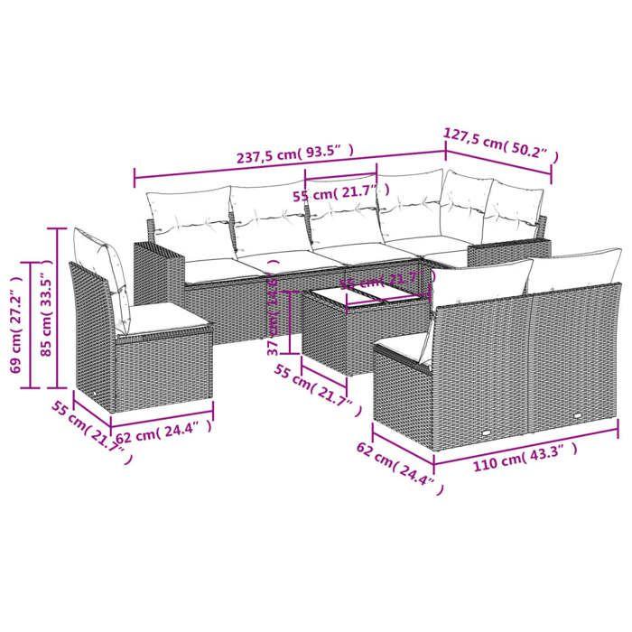 VidaXL Salon de Jardin avec Coussins 9 pcs, Canapés avec Pieds Réglables, Ensemble de Meubles d'Extérieur Patio Terrasse, 3251415