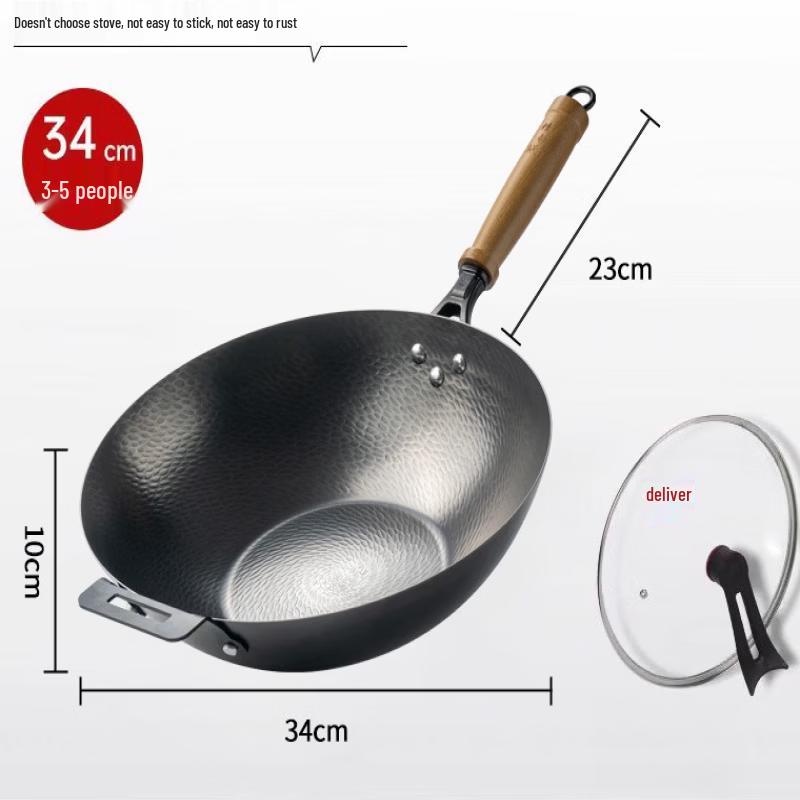 ZISIZ 34cm Hammered Cast Iron Flat-Bottom Wok with Lid