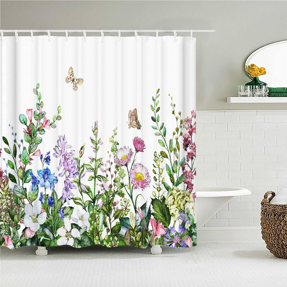 Floral Shower Curtains for Bathroom, Spring Flower Butterfly Bathroom Decor with Hooks, Washable Polyester Fabric Shower Curtain