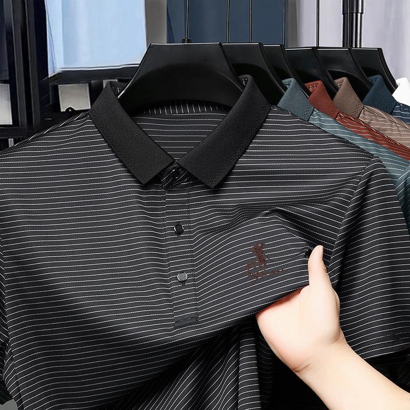 Machine Washable Men'S Ice Silk Seamless Short-Sleeved T-Shirt Business Casual Lapel Striped Polo Shirt