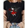 Rose Print, Fairy, Printed T-shirt, Casual Round-neck Short-sleeve Top, Suitable for Spring and Summer Wear, All-season, Women's Clothing