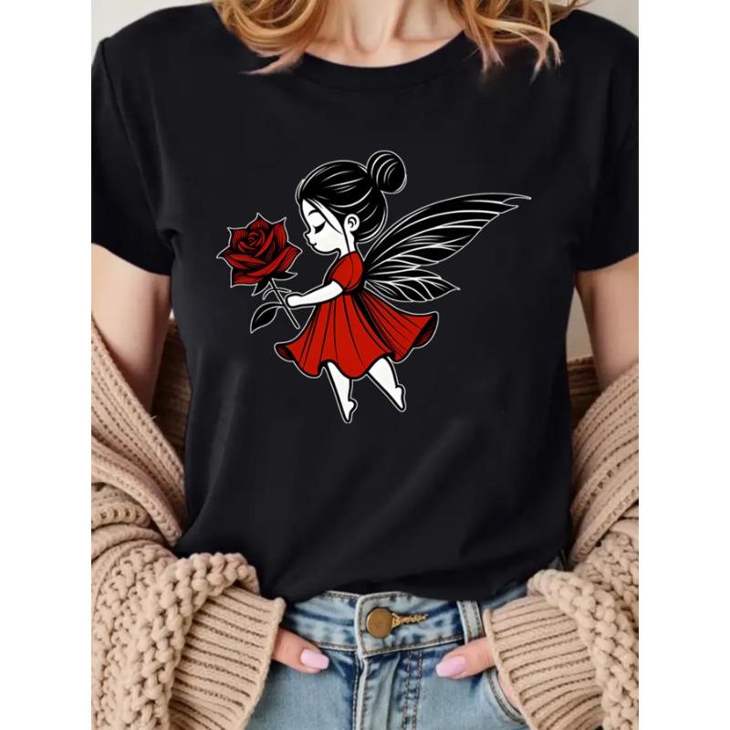 Rose Print, Fairy, Printed T-shirt, Casual Round-neck Short-sleeve Top, Suitable for Spring and Summer Wear, All-season, Women's Clothing