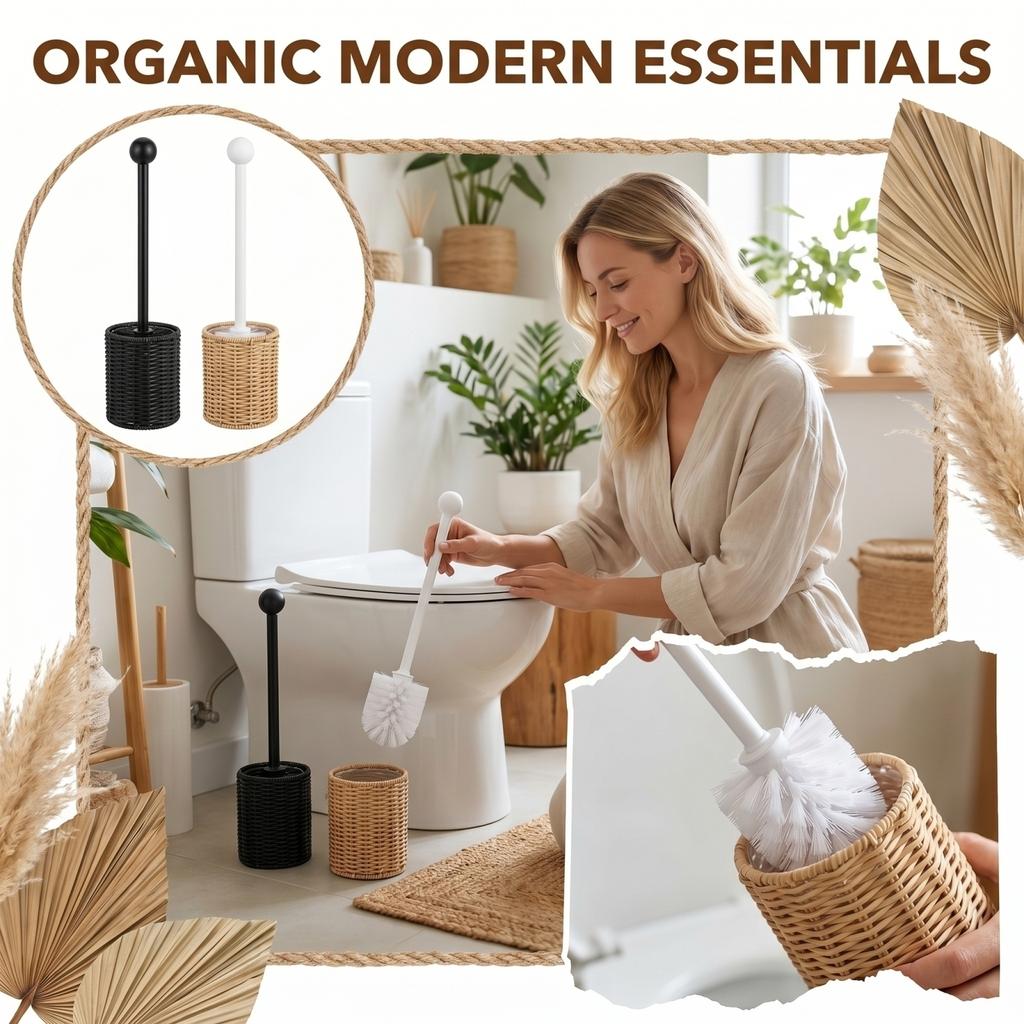 Creative Faux Rattan Toilet Brush Set with Holder Modern Home Decor Bathroom Cleaning Accessory for Contemporary Spaces