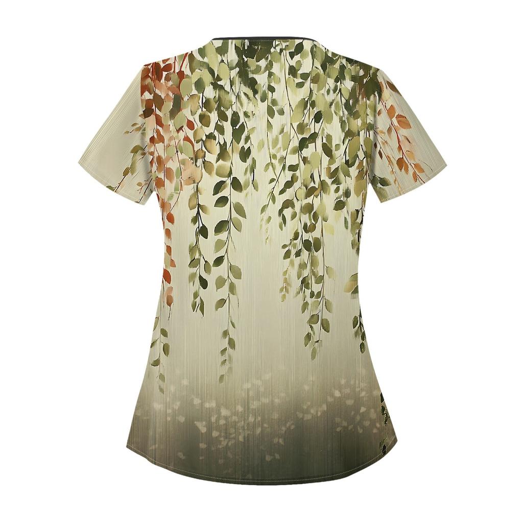 Dámské neformální pracovní top s krátkým rukávem a šikmým límcem s dvojitými kapsami