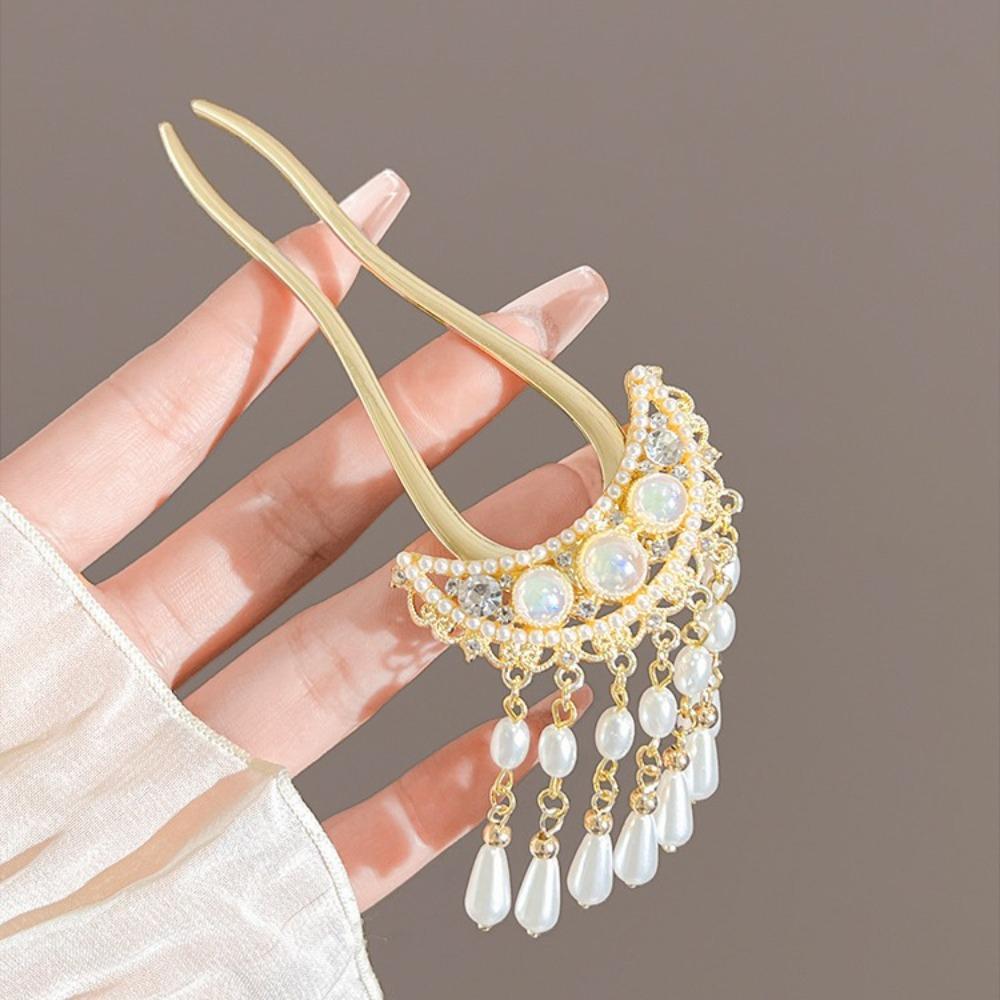 1pc U Shaped Hair Sticks Forks Pearls Tassel Pendant Decor Ancient Chinese Hair Bun Maker Shiny Rhinestone Designs