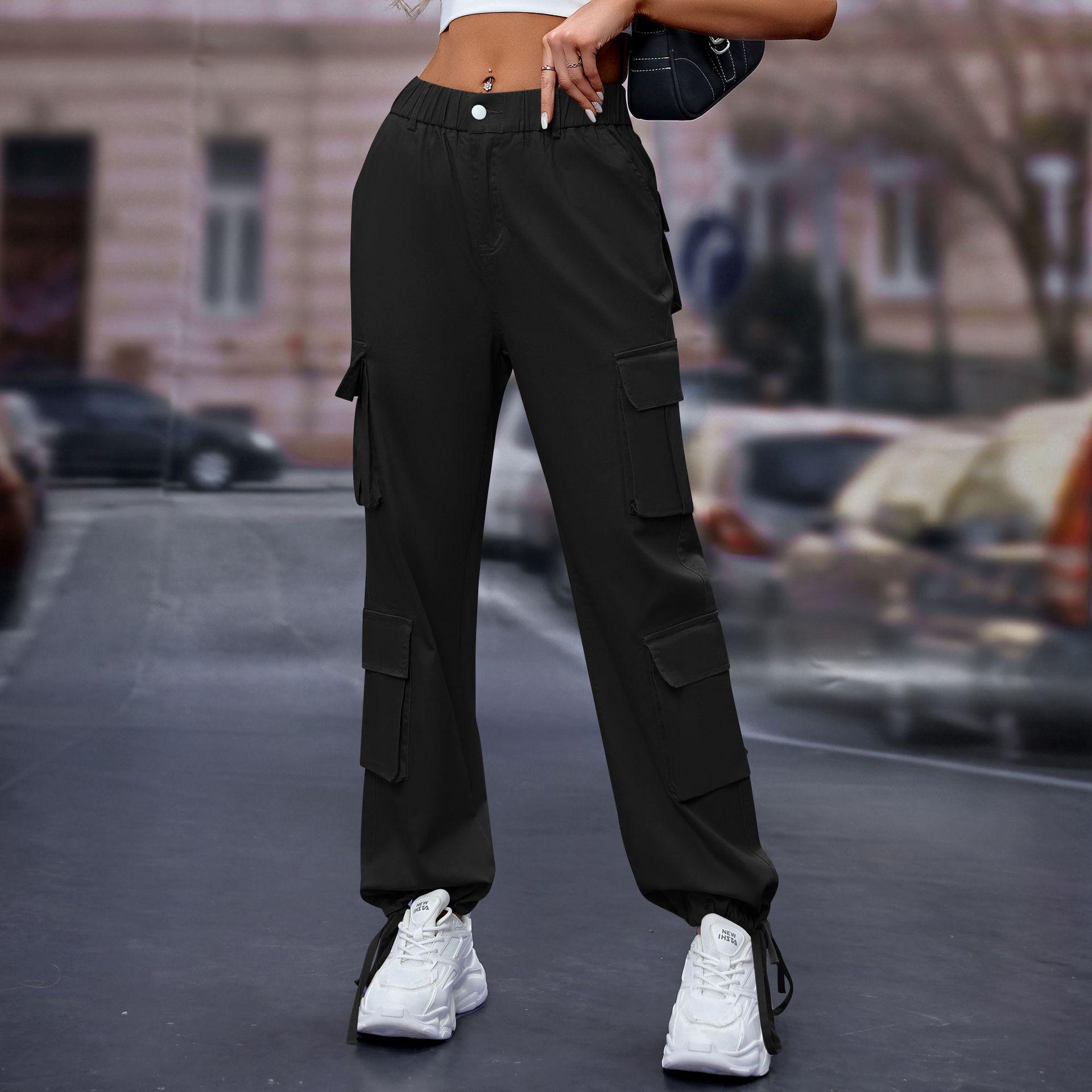 

Весенне-осенние женские брюки, модные рабочие брюки с высокой талией Y2k, повседневные брюки с карманами L чёрный