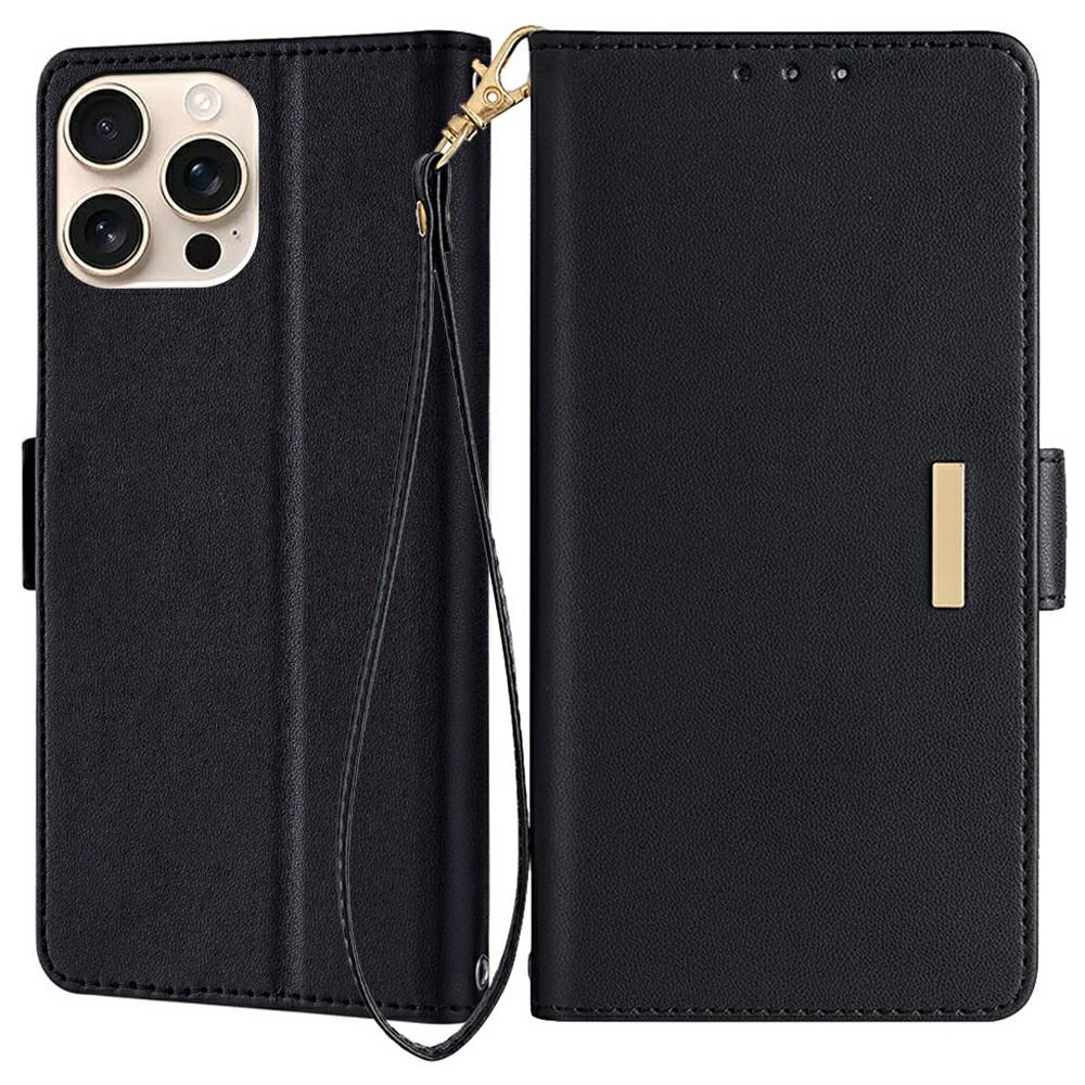 

For iPhone 16 Pro Leather Wallet Case RFID Blocking Stand Cover with Hand Strap A