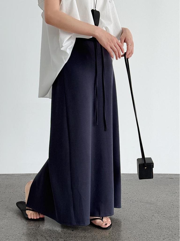 LUXI Korean-Style A-line High Waist Drawstring Maxi Skirt, Summer Casual 2673