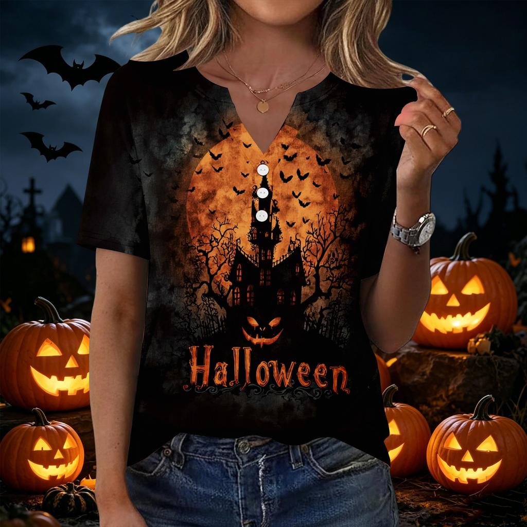 Women's Casual Halloween Printed V Neck Short Sleeve Button Front T Shirt Top for Everyday Wear Seasonal Themed Tee
