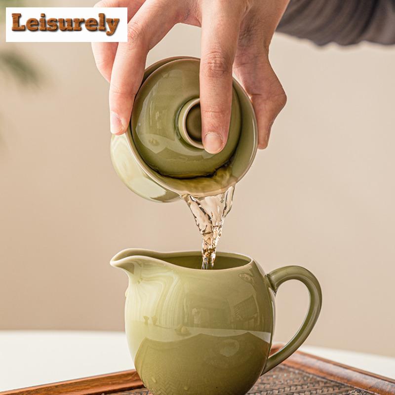 100ml Αισθητικό Κεραμικό Φούρνος Yaozhou Celadon Gaiwan Ρετρό Χρώμα Πράσινο Τσαγιού Ercai Τσαγιέρα με Κάλυμμα Μπολ Ποτό Διακοσμητικά Δώρα