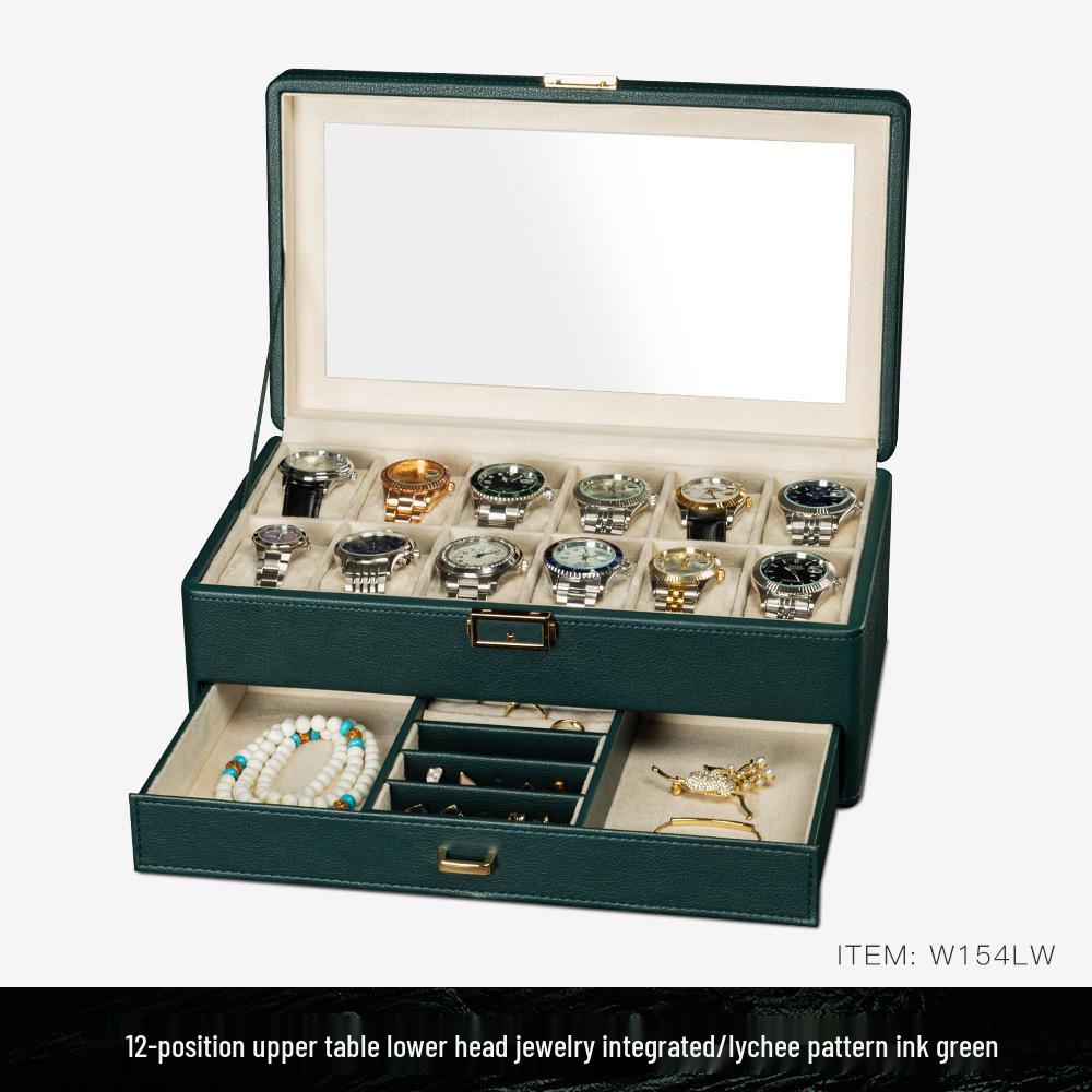 Lychee Grain PU Leather Watch & Eyeglass Storage Box with Multiple Slots