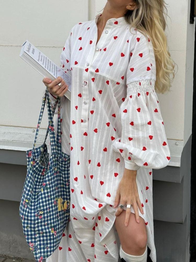 

Женское летнее сексуальное платье с принтом сердца и длинными рукавами, женское модное свободное платье, винтажное женское хлопковое летнее платье трапециевидной формы L белый