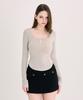 Akeumeseodeu Scoop Neck Button Long Sleeve Top [Beige]