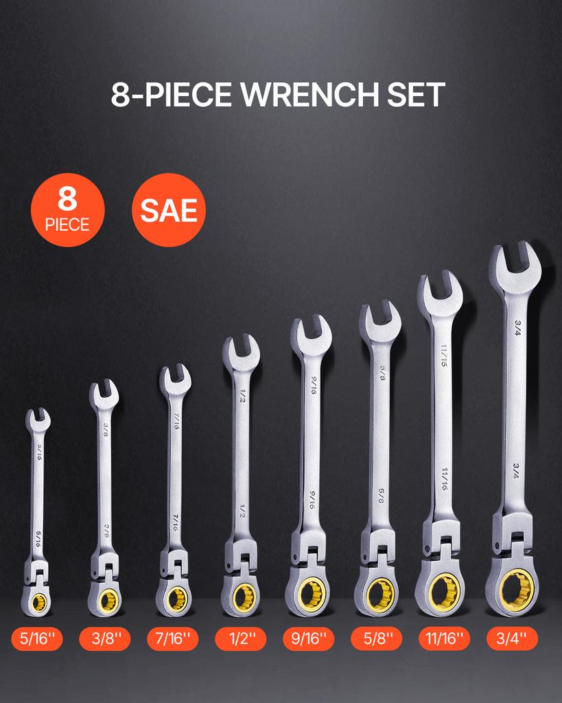 SucceBuy Flex-Head Ratcheting Wrench Set 8PCs Combination Wrench Set Roll-up Pouch Cr-V Steel Flexible Ratcheting Wrench Set