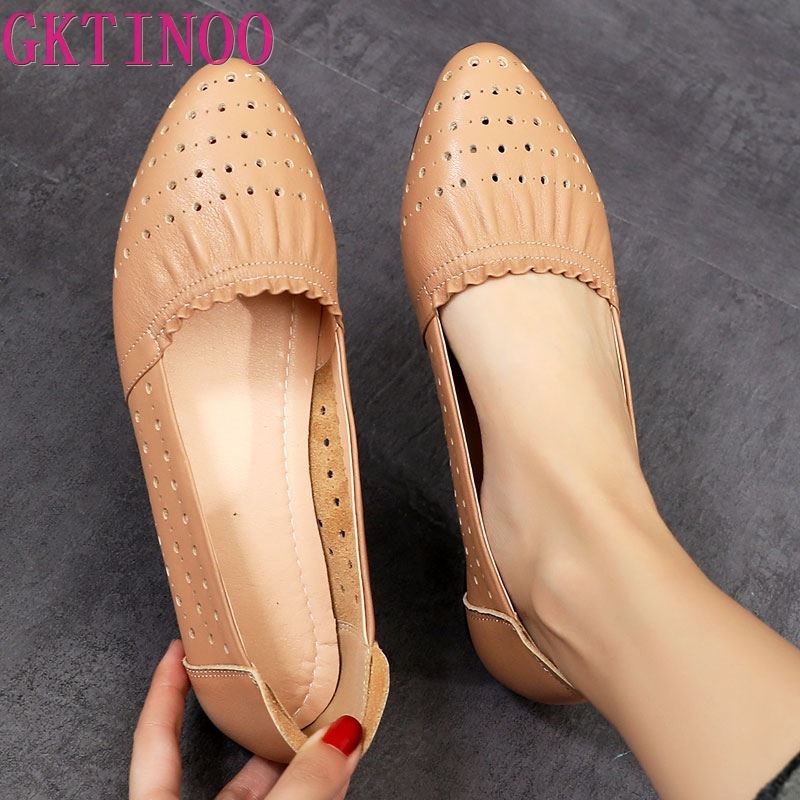 Fashion GKTINOO Women Hollow Flat Shoes Casual Loafers Female Fashion Moccasins Slip On Breathable Comfort Genuine Leather Ladies Shoes