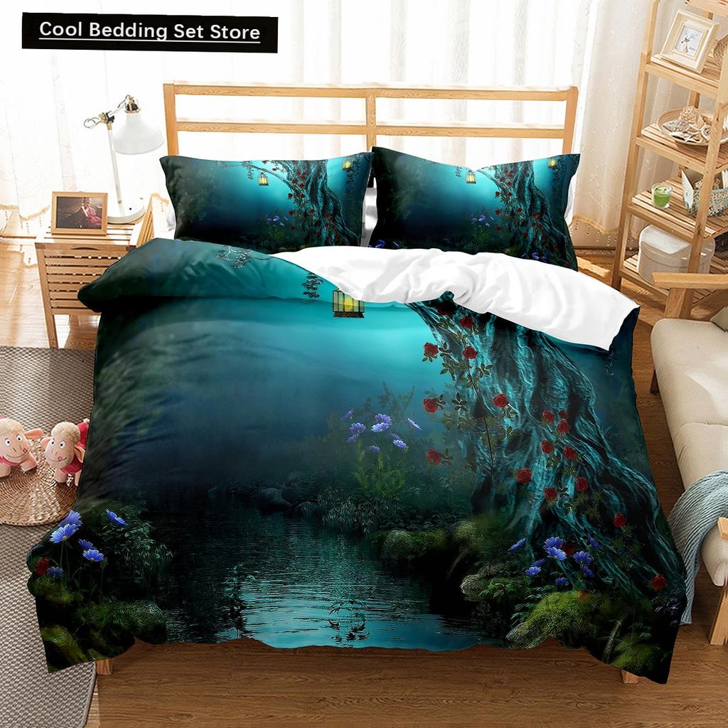 Cartoon Fantasy World King Queen Duvet Cover Magic Castle Bedding Set Mythical Landscape Quilt Cover Polyester Comforter Cover