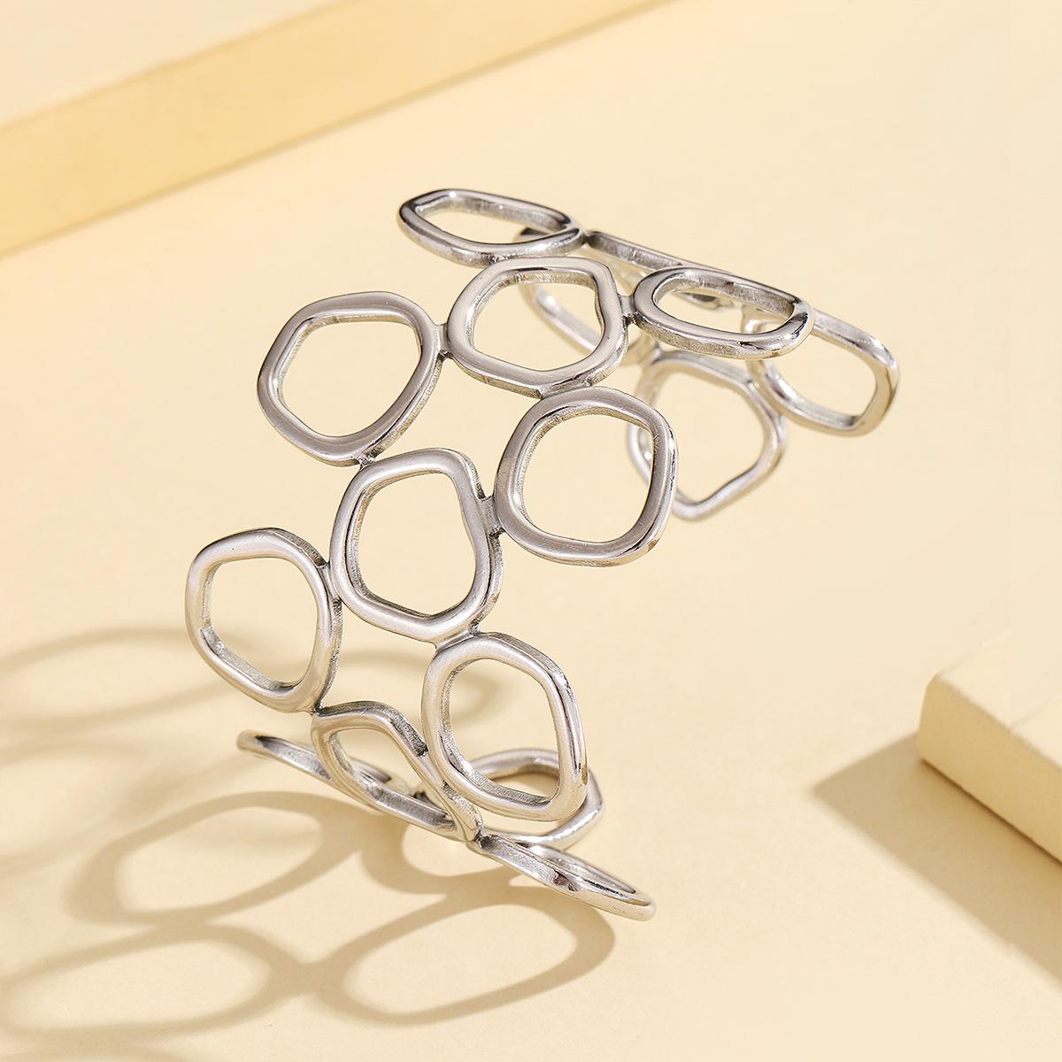 European Fashion Hollow Geometric Open Cuff Bracelet for Women, Adjustable Stainless Steel стальной