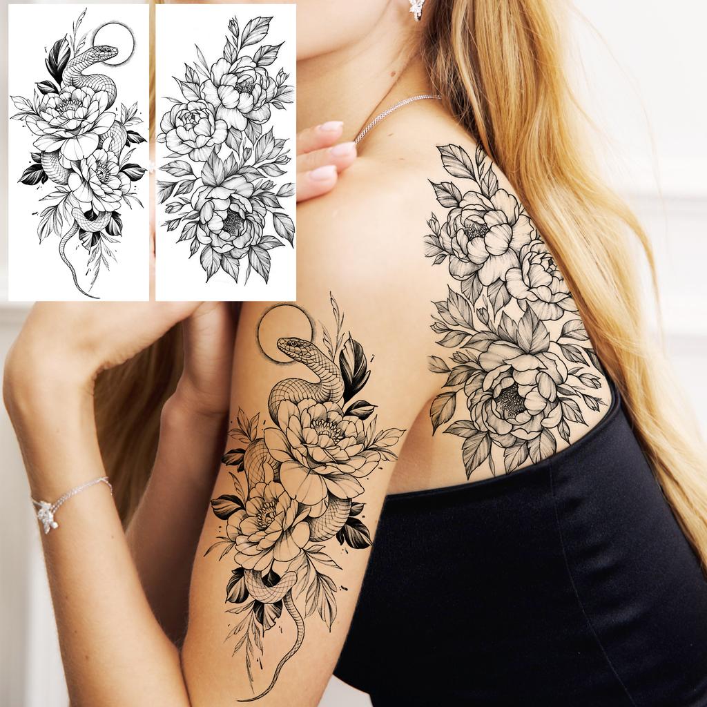 1 Sheet Flower Snake Temporary Tattoos For Women Girls Black Peony Rose Flora Sexy Tattoo Sticker Waterproof Self Adhesive Arm