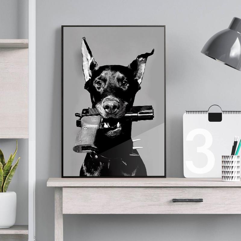 Schwarz Weiß Doberman Gun Mode Luxus Poster Leinwand Malerei Tier Hund Wand Kunst Bild Für Wohnzimmer Home Decor Wandbild