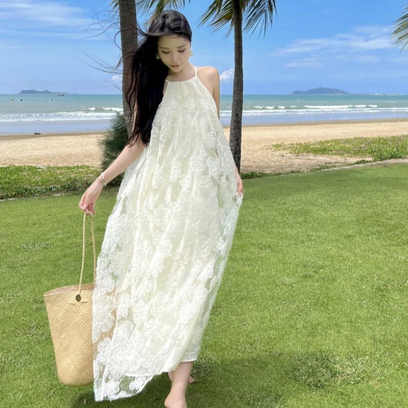 French Neck Dress High-end Tube Top Embroidered Flower Skirt Fairy Fairy Seaside Vacation Dress