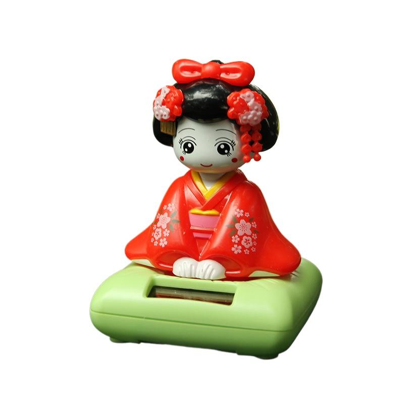 New Solar Powered Japanese-Style Doll Car Ornament Kimono Girl Shaking Head Nod Head Cartoon Doll Dashboard Cute Car Accessories