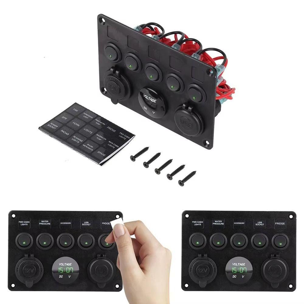 Dual USB Socket 5 Gang Switch Panel Red/Green/Blue Lights LED Voltmeter Power Outlet  Boat