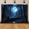 2D Full Moon Forest Banner, Dark Blue Night Woods with Fallen Tree