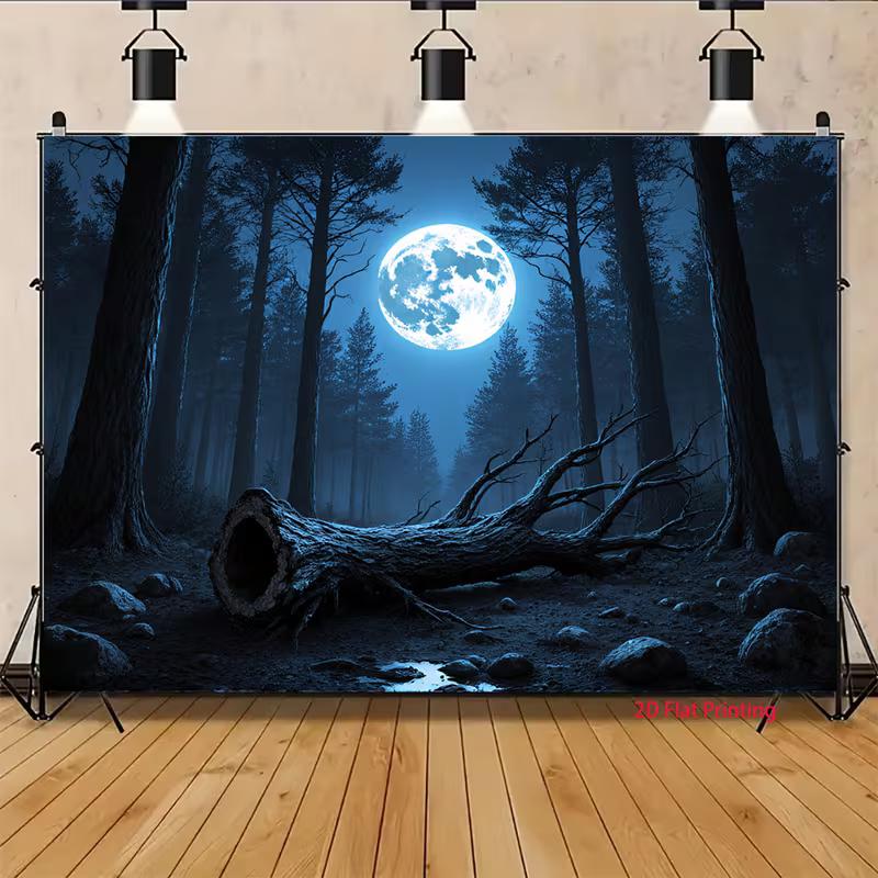 2D Full Moon Forest Banner, Dark Blue Night Woods with Fallen Tree