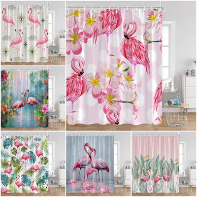 Flamingos Shower Curtains Tropical Leaves Pink Birds Green Plants Bathroom Curtain Polyester Fabric Home Decorations with Hooks