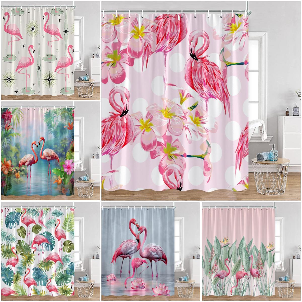 Monika Chen Pink/Green Flamingos Shower Curtains Tropical Leaves Birds Plants Bathroom Curtain Polyester Fabric Home Decorations With Hooks