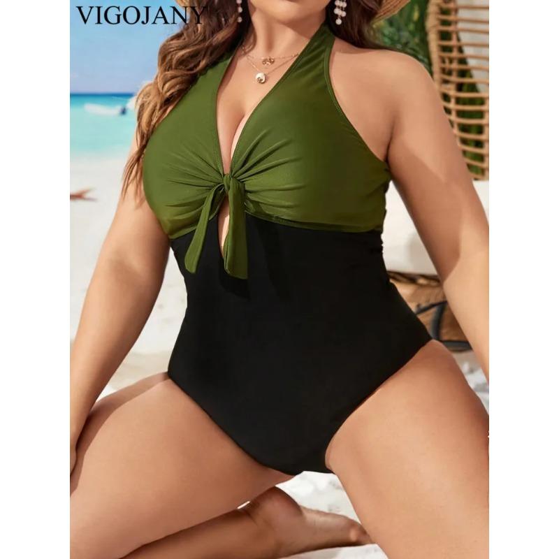 VigoJany 2026 Solid Patchwork Plus Size Swimwear Women Tied Halter Hollow One Piece Swimsuit Push Up Backless Big Bathing Suit