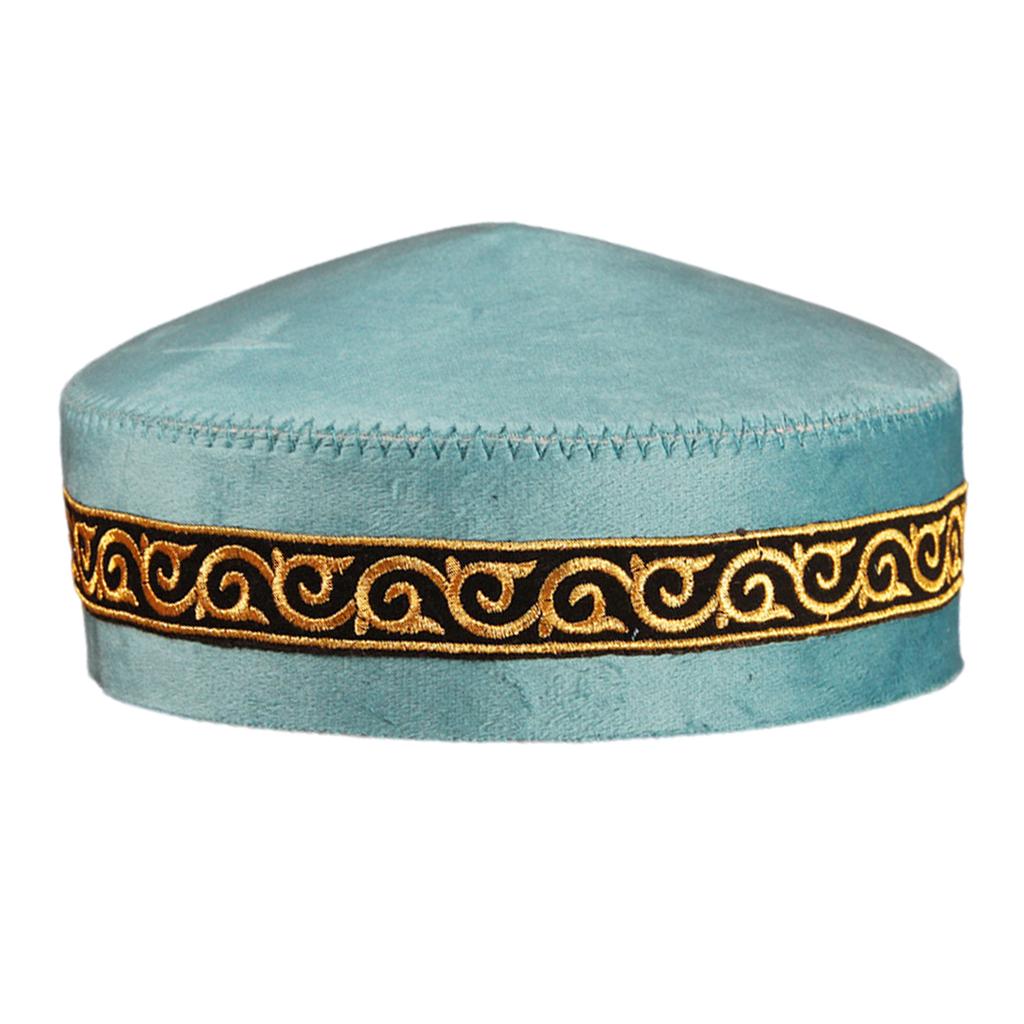 Handmade Muslim Cotton Cap For Dance Performances Traditional Embroidery Design Elegant Blue Green Turquoise Vintage Style Unisex Hat