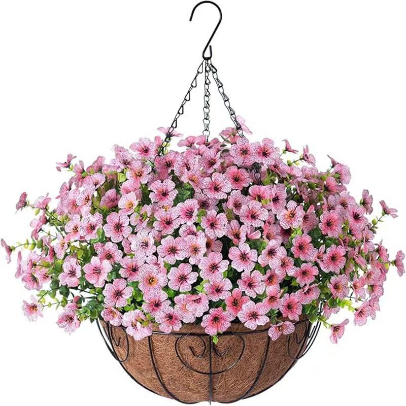 Artificial Violet Flower Hanging Basket With Iron Frame Coconut Fiber Liner Outdoor Garden Decor